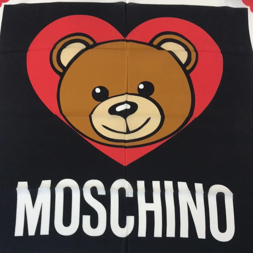 Moschino Teddy Bear Heart Scarf 100% Silk Made in Italy 26x25 NWT